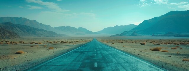  A lengthy path traverses a desert, bordered by mountain ranges, and overlooked by a cloud-filled sky