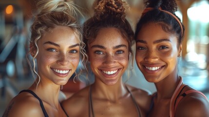 Fototapeta premium Three Smiling Women with Freckles in a Gym - Generative AI