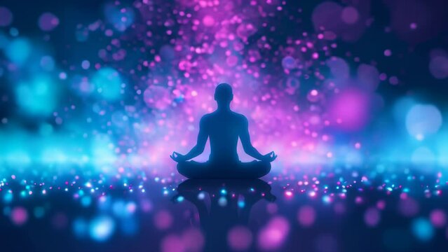 A person meditating in the center of an aura with bright blue and purple colors radiating from their body, spiritual energy.