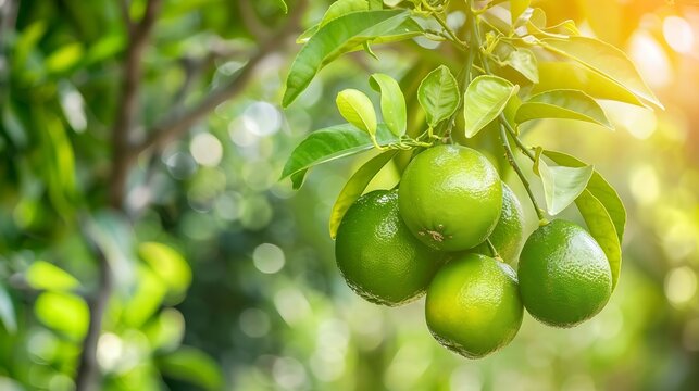 green pomelo fruit hanging on Branch Citrus Fruit Lime tree with fruits closeup healthy calamansi or calamondin close up pani dodam citrus limetta kalamansi : Generative AI