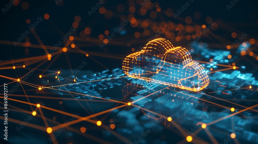Poster Cloud and edge computing technology concept cybersecurity data protection White cloud with binary code connected polygons on dark blue background Connect business networks in the digit : Generative AI