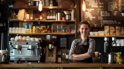 Welcome coffee shop and portrait of woman with confidence at counter waitress or barista at restaurant startup Bistro bar service and drinks happy small business owner manager or boss  : Generative AI