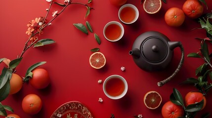 Incorporating the chinese New Year tea ceremony Top view photo of teapot cups of tea tangerines traditional decorative elements on red background with promo space : Generative AI