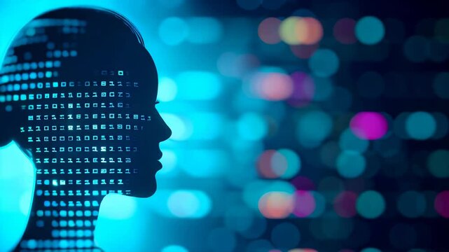 A digital illustration of an AI female avatar with holographic data visualizations in the background, representing an advanced technology and artificial intelligence concept.