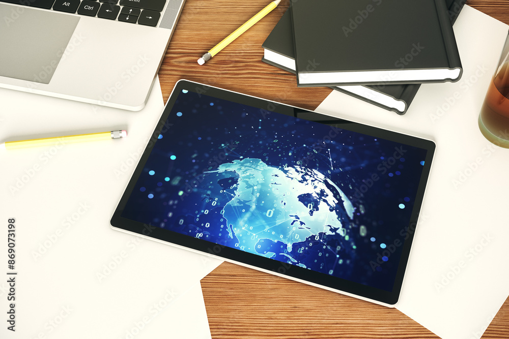 Fototapete abstract creative coding concept with world map on modern digital tablet screen. top view. 3d render