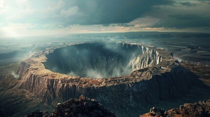 Fototapeta premium View crater impact large meteor explosion on ground earth background wallpaper AI generated image
