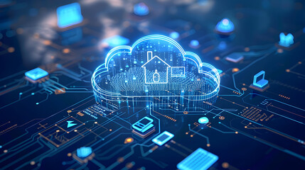 Cloud technology, computing. Devices connected to digital storage in the data center via the Internet, IOT, Smart Home Communication laptop, tablet, phone home devices with an online