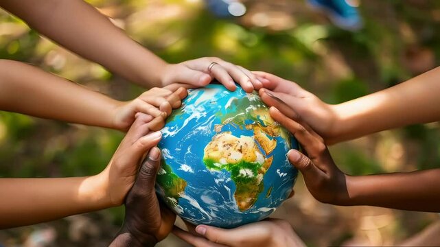Diverse hands of various ages, cultures, and races holding a globe, symbolizing teamwork, global inclusion, shared future, and equality. Concept of interdependence and unity