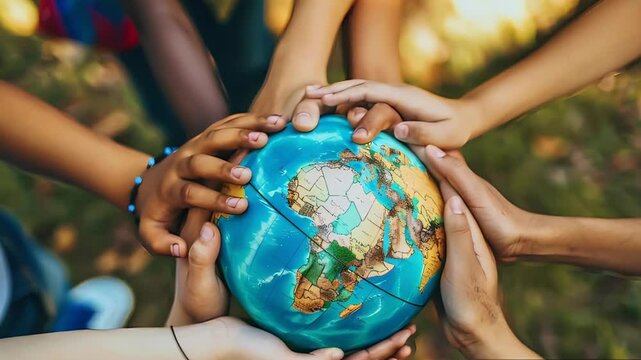 Diverse hands of various ages, cultures, and races holding a globe, symbolizing teamwork, global inclusion, shared future, and equality. Concept of interdependence and unity
