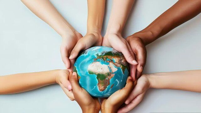 Diverse hands of various ages, cultures, and races holding a globe, symbolizing teamwork, global inclusion, shared future, and equality. Concept of interdependence and unity