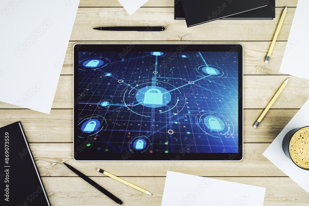 Aufkleber Creative idea concept with lock symbol and microcircuit illustration on modern digital tablet screen. Protection and firewall concept. Top view. 3D Rendering