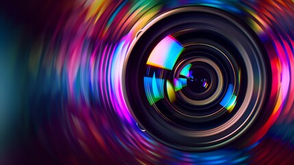 Close up Beautiful camera lens with multi colored light Background pattern for design : Generative AI