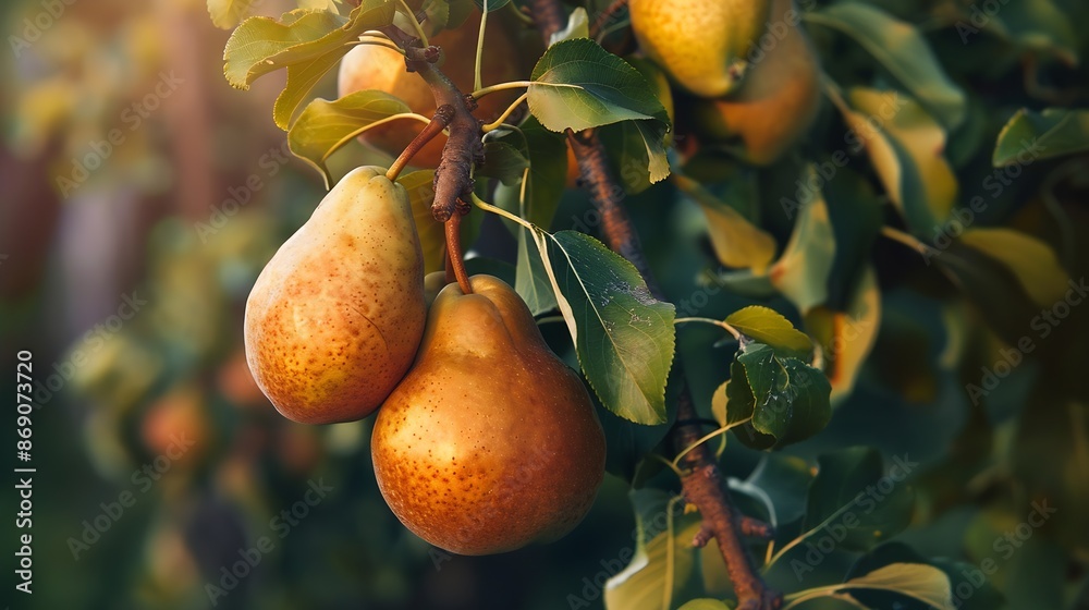 Poster bunch of ripe pears on tree branch nature background : generative ai