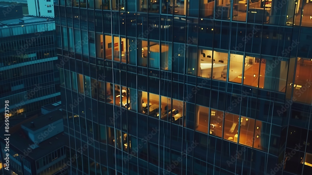 Poster windows in highrise office building in the late evening with glowing and blinking interior lights ti