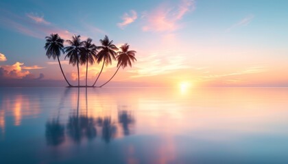 Tranquil tropical sunset with palm trees reflecting on calm ocean waters under a colorful sky, conveying peace and serenity.