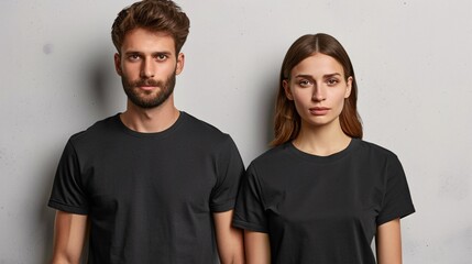 A couple in black tees photographed on a grey backdrop.