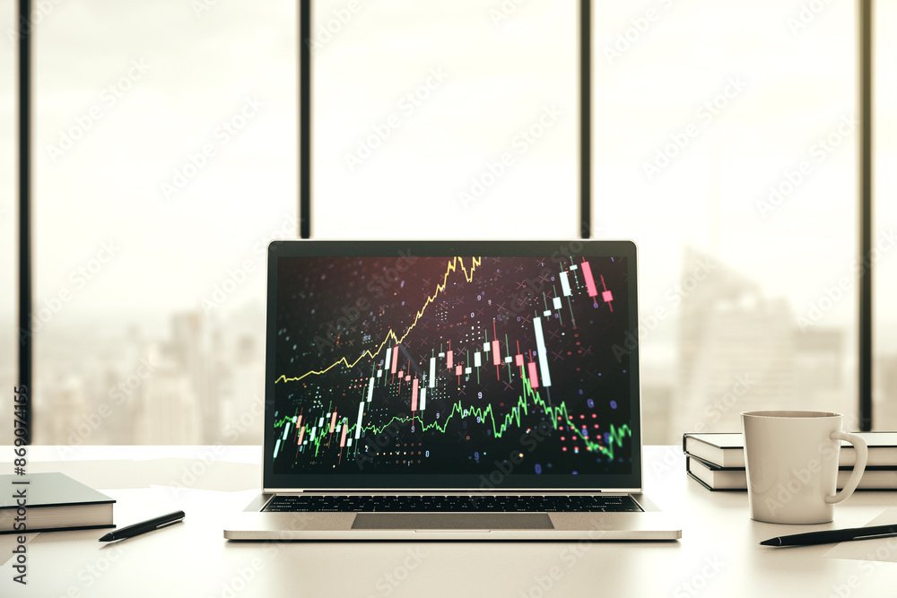 Poster abstract creative financial graph on modern laptop screen, forex and investment concept. 3d renderin