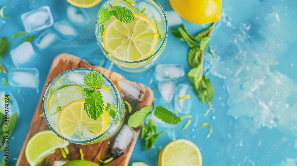 Poster two glasses of mojito cocktail or tonic with lemon lime mint and ice on a wooden board summer concep