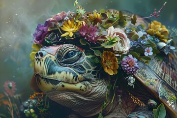 A turtle with a crown of flowers on its head, showcasing a whimsical and charming sight, A whimsical turtle wearing a crown made of flowers