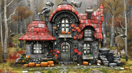 Whimsical haunted house with witch hat, pumpkins, bats, bare trees, orange background, playful spooky.
