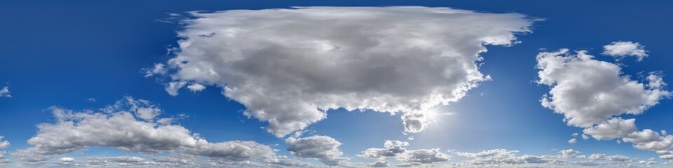 Obraz premium cloudy blue sky hdri panorama 360 degrees angle view with zenith and beautiful clouds for use in 3d graphics as sky dome or edit drone shot as sky replacement
