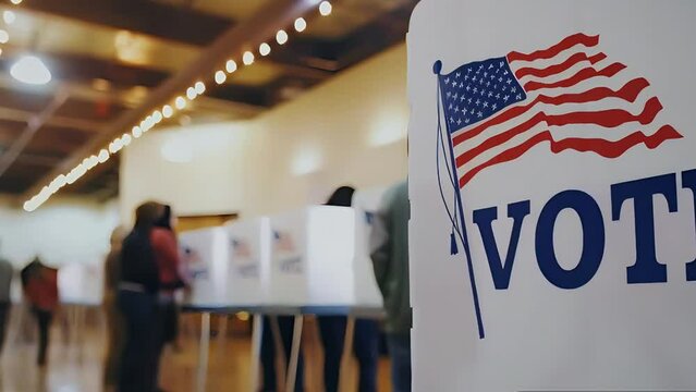 Polling stations for American elections with blurred people in line. Concept of American elections, voting, parliamentary and presidential democracy in America and the United States