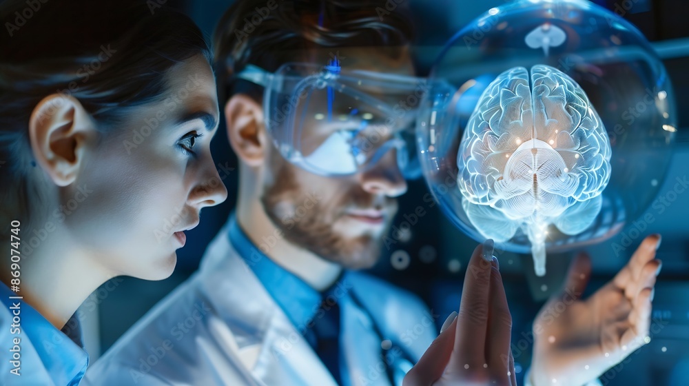 Aufkleber a man and a woman are looking at a medical image of a brain : generative ai