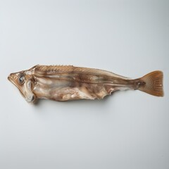 A fish with a long body and a large head lies on a white background.