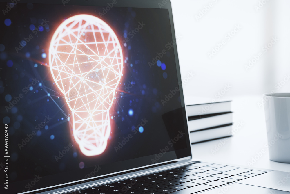 Poster creative light bulb hologram on modern laptop monitor, idea concept. 3d rendering