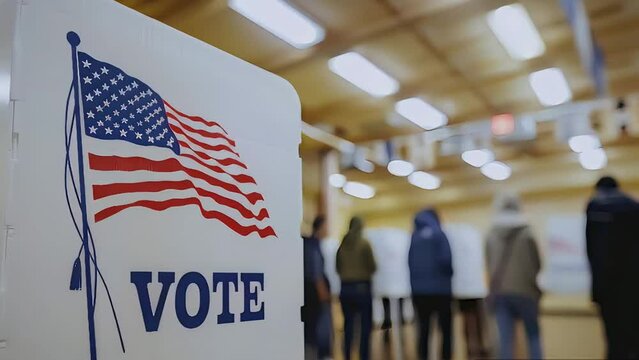 Polling stations for American elections with blurred people in line. Concept of American elections, voting, parliamentary and presidential democracy in America and the United States