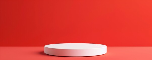 Fototapeta premium Minimalist white pedestal on a vibrant red background, ideal for showcasing products or modern presentations in a sleek and striking manner.
