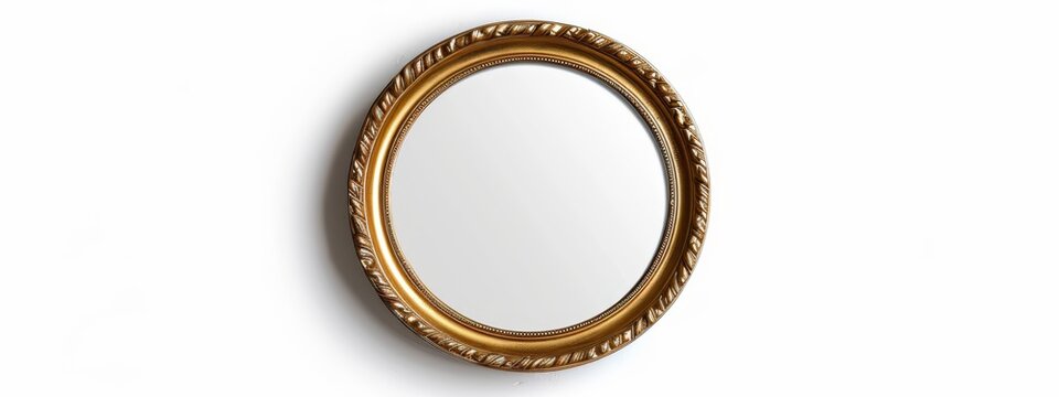  A golden oval mirror rests atop a pristine white wall, adjacent to a wall-mounted toilet paper dispenser