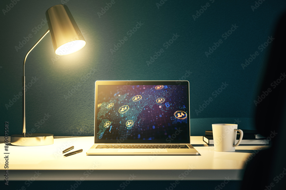 Leinwandbilder modern computer screen with social network icons concept and world map. networking concept. 3d rende