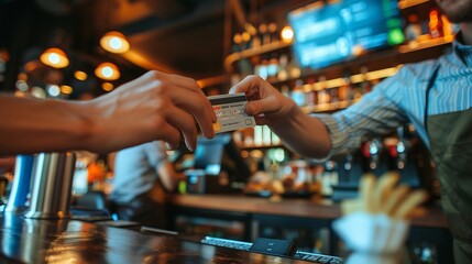 Debit card point of sale and hands of restaurant people cashier clerk or barista with credit payment of hospitality service Cafe customer commerce or store person server or waiter with : Generative AI
