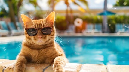 Orange cat wearing sun glasses by swimming pool in a pet friendly hotel : Generative AI