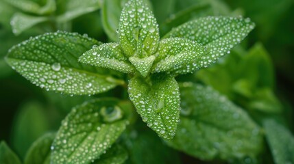 Captivating Macro Photograph of a Flourishing Medicinal Herb Plant with Glistening Dew Covered Leaves