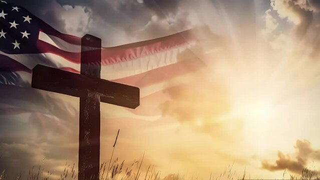 Christian cross with American flag at sunset. Symbol of faith, Christianity, church, Protestantism, and American culture. Ideal for patriotic themes.