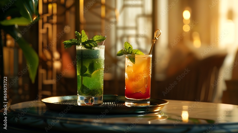 Poster Two vibrant cocktails adorned with mint leaves rest on a tray in an elegant softly lit bar setting One is a green mojito the other a reddishorange concoction both served in longstemmed : Generative AI