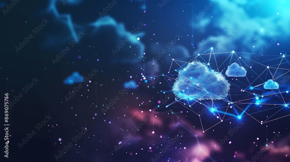 Fototapete cloud and edge computing technology Secure database storage is protected from unauthorized access and cyber threats Polygons and interconnected global cloud network on dark blue backgr : Generative AI