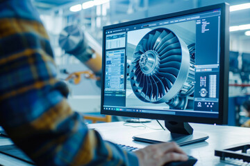 Engineer working on 3D turbine model on computer screen