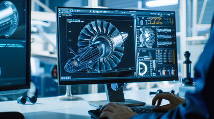 Engineer analyzing 3D jet engine model on computer