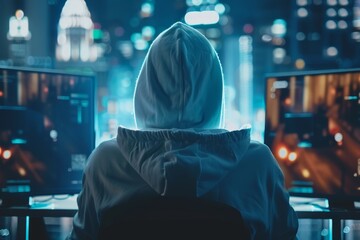 A person in a white hat hacking environment, monitoring and working on two computer screens for web security, A white hat hacker testing the security of a website