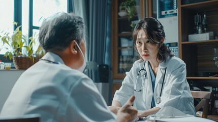 Fototapeta premium Asian female doctor and patient talking about something while sitting at the table female doctor wearing white uniform and a stethoscope is checking the condition of an elderly male pa : Generative AI
