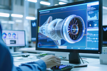 Naklejka premium Engineer analyzing advanced jet engine blueprint.