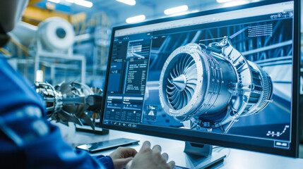 Professional inspecting jet engine in high-tech office.