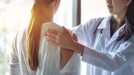 Woman doctor and appointment with shoulder pain medical and patient conversation for health care concern Clinic muscle tension and talking with medic employee injury and professional h : Generative AI