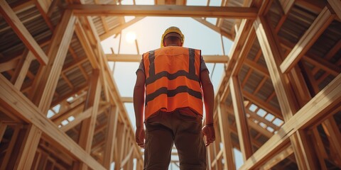A construction worker viewed from behind, stands inside an unfinished wooden framework structure, ceiling visible, dressed in safety gear including an orange reflective vest and hard hat.