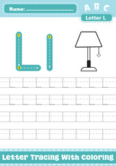 Letter L Uppercase Lowercase Tracing Worksheet with Coloring Apple Activity. A4 Alphabet L Trace Handwriting Printable Vector Illustration. Worksheet for Preschool Kindergarten Kids. Learn To Write.