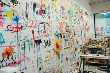 Naklejka premium A wall covered in numerous colorful graffiti artworks created by various artists, A whiteboard covered in colorful drawings and scribbles