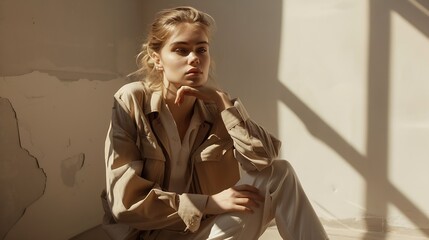 Fototapeta premium sensual woman in total beige casual attire posing on knee and looking away in sunshine on grey : Generative AI